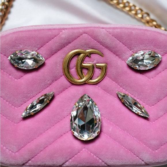 ✨ Authentic Gucci Marmont Shoulder Bag Crystal Embellished Matelasse Velvet Mini - Picture 2 of 8